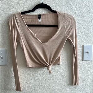 Beige V-Neck Ribbed Crop Top